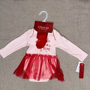 🌴Bloomin' Baby Girls Pink&Red Bodysuit Tutu Christmas Dress Snowflake 3 Pcs Set